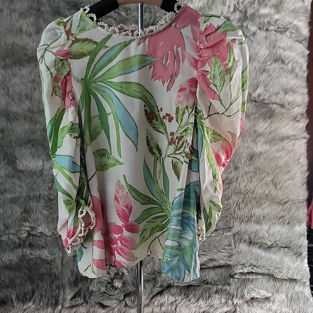 Nicole Miller Floral Puff Sleeve Blouse in Pink, Green, Blue